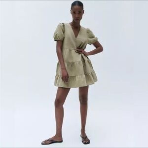 Zara tiered puff sleeve olive green babydoll mini dress
